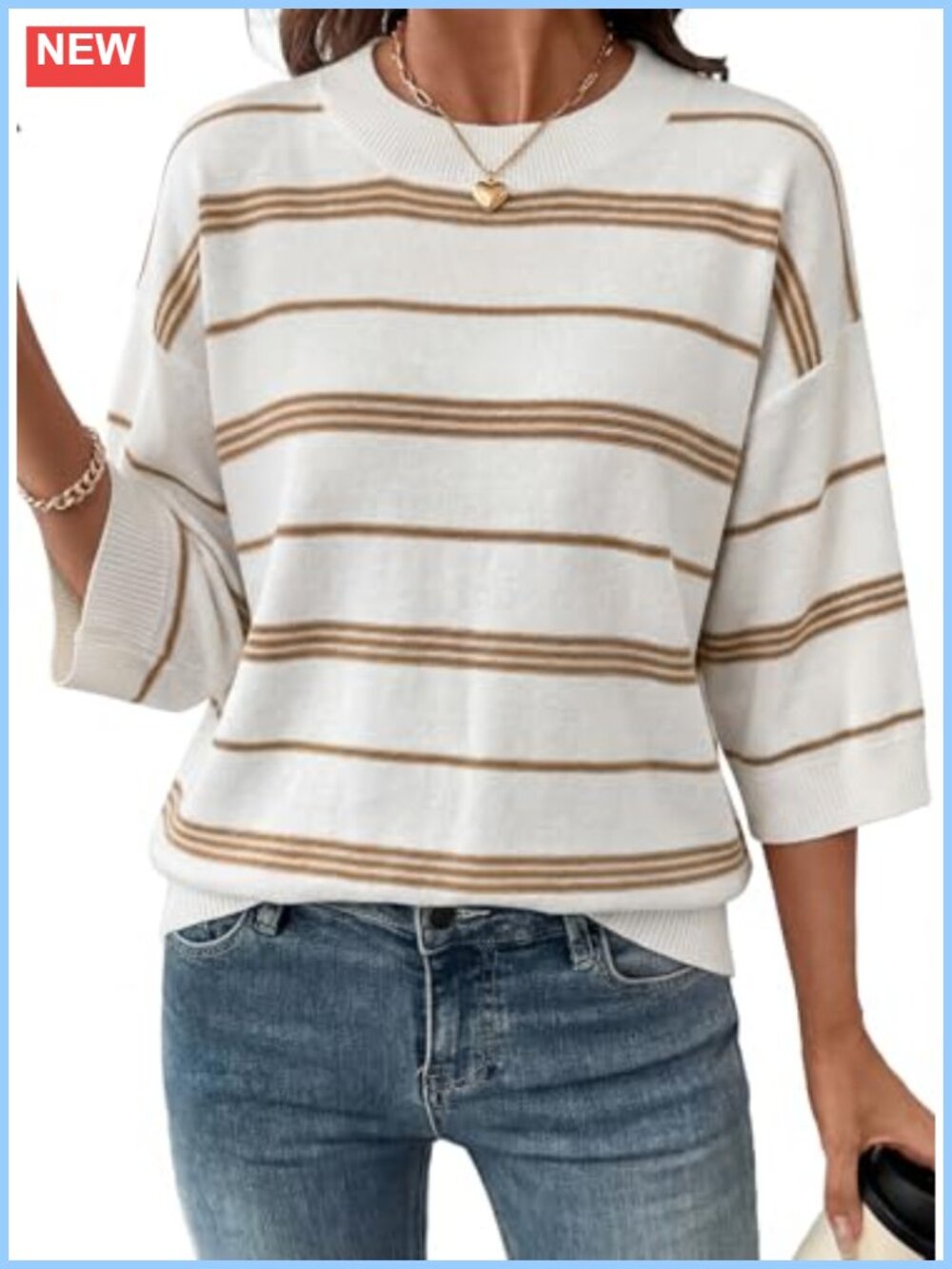 Oversized 3/4 Sleeve Striped Knit Sweater Pullover Women's Lightweight